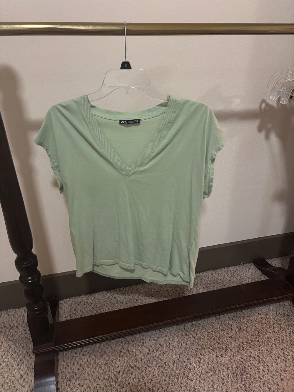 Zara Light Green V-Neck Cap Sleeve Tee